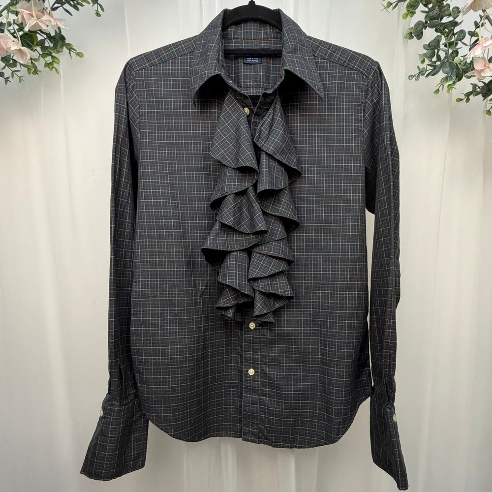 Ralph Lauren Plaid Ruffle Jabot Shirt Womens 10 Green Cotton Long Sleeve Blouse
